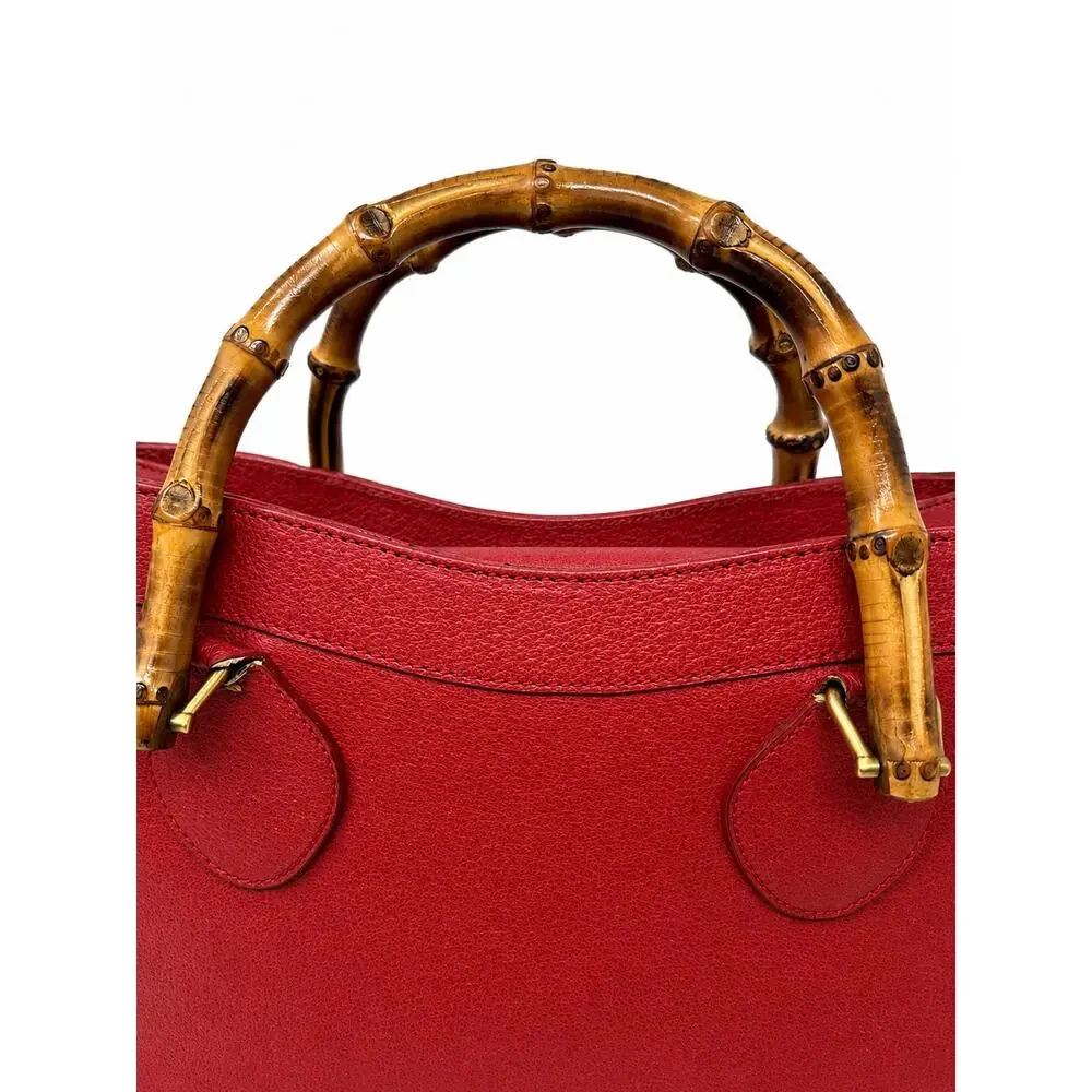 Gucci Vintage Diana Red Leather Bamboo Tote Bag
